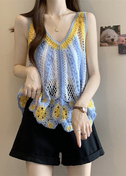 Out Blue Top Light Hollow Knit Sleeveless FashionChic