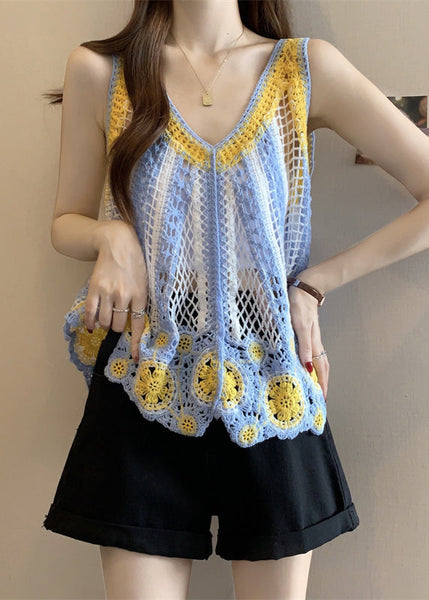 Out Blue Top Light Hollow Knit Sleeveless FashionChic