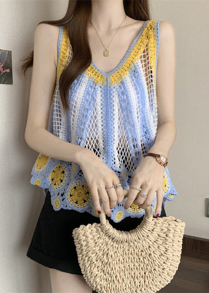 Out Blue Top Light Hollow Knit Sleeveless FashionChic