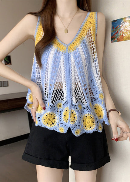 Out Blue Top Light Hollow Knit Sleeveless FashionChic