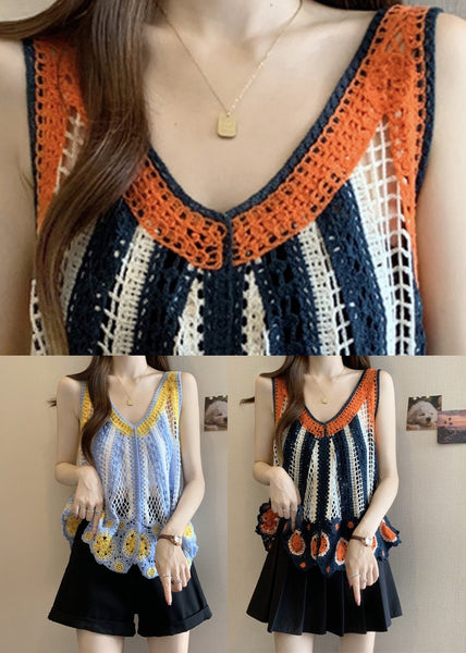 Out Blue Top Light Hollow Knit Sleeveless FashionChic