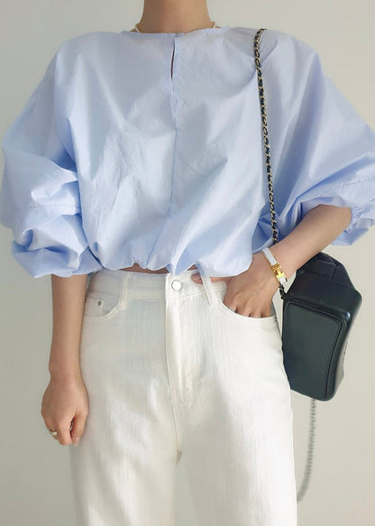 Blue Loose Out O-Neck Puff Light Hollow Shirts Sleeve FashionChic