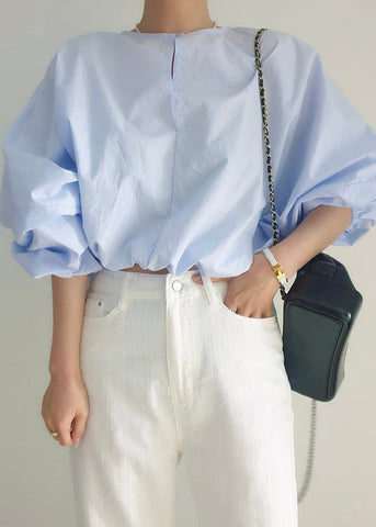 Blue Loose Out O-Neck Puff Light Hollow Shirts Sleeve FashionChic