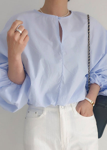 Blue Loose Out O-Neck Puff Light Hollow Shirts Sleeve FashionChic