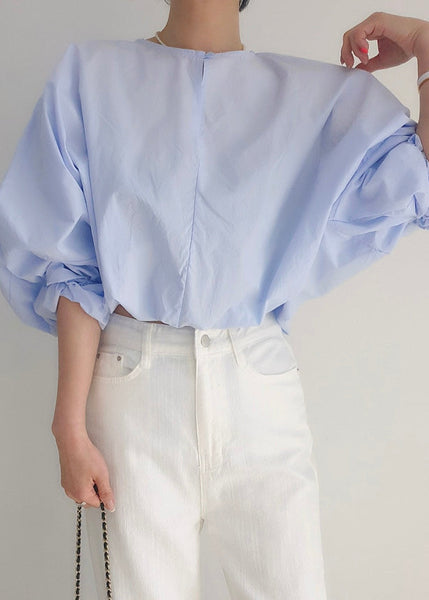 Blue Loose Out O-Neck Puff Light Hollow Shirts Sleeve FashionChic
