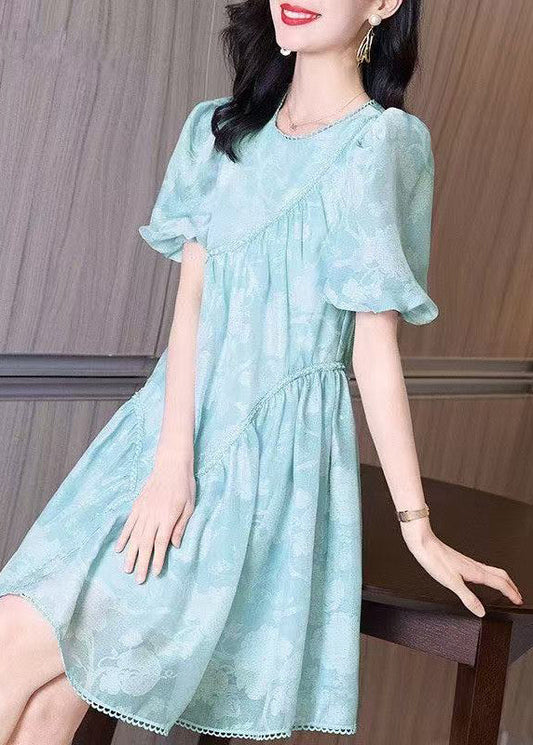 Mid Wrinkled Puff O-Neck Light Sleeve Dress Blue FashionChic