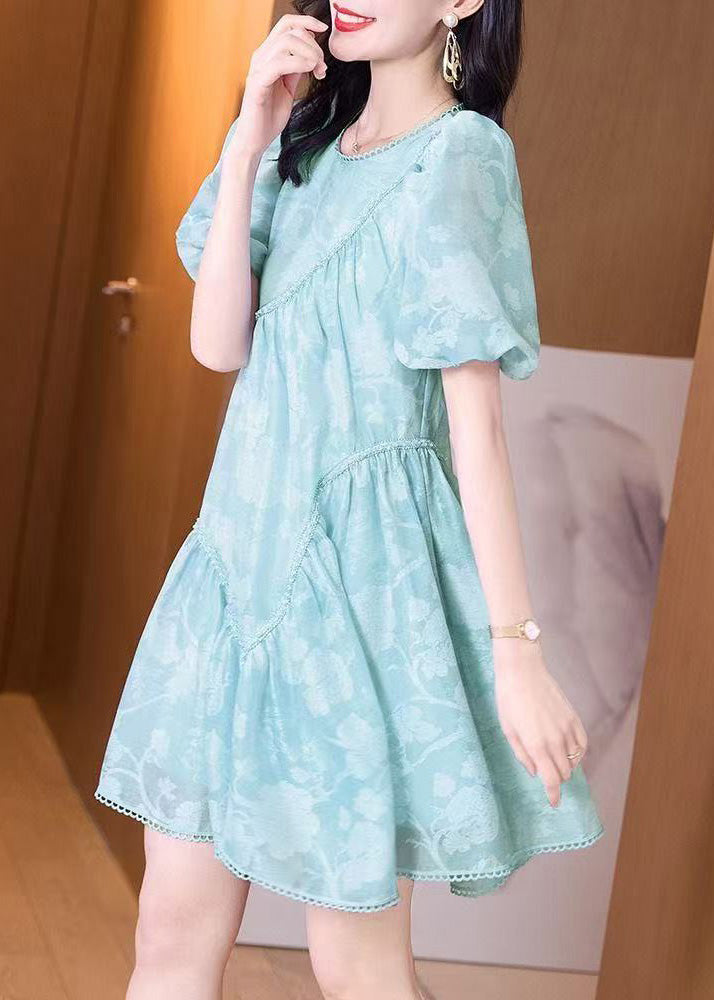 Mid Wrinkled Puff O-Neck Light Sleeve Dress Blue FashionChic