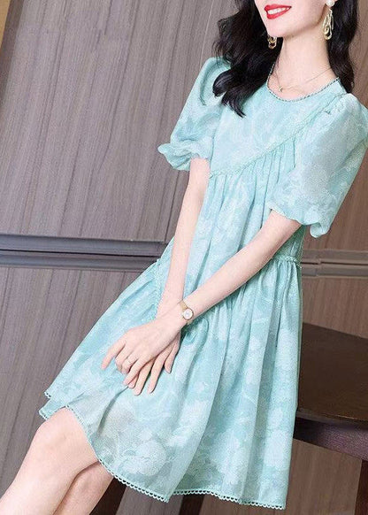 Mid Wrinkled Puff O-Neck Light Sleeve Dress Blue FashionChic