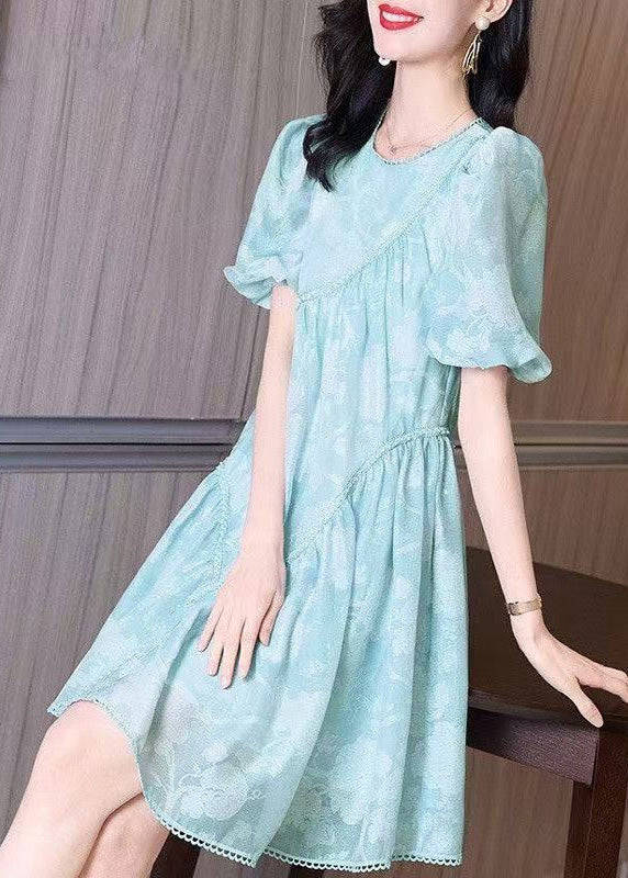 Mid Wrinkled Puff O-Neck Light Sleeve Dress Blue FashionChic