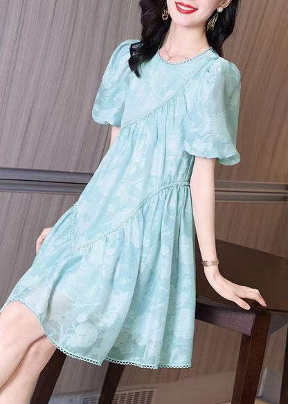 Mid Wrinkled Puff O-Neck Light Sleeve Dress Blue FashionChic