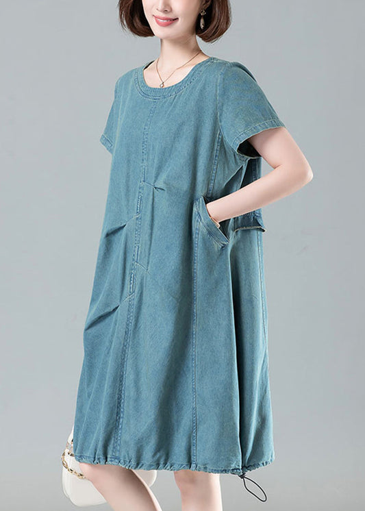 Light Blue Pockets Denim Dresses O Neck Short Sleeve MN086 MMDM-SDM240704