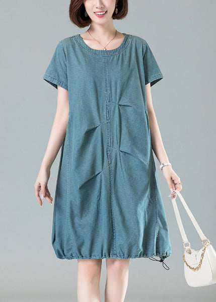 Light Blue Pockets Denim Dresses O Neck Short Sleeve MN086 MMDM-SDM240704