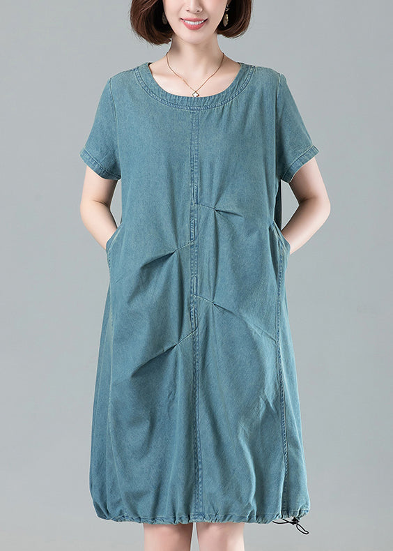 Light Blue Pockets Denim Dresses O Neck Short Sleeve MN086 MMDM-SDM240704