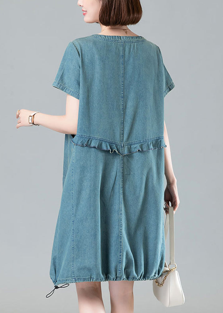 Light Blue Pockets Denim Dresses O Neck Short Sleeve MN086 MMDM-SDM240704