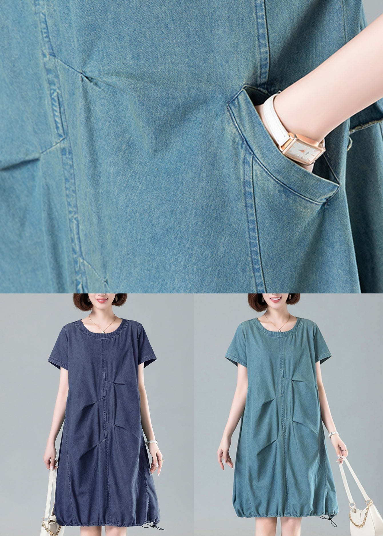 Light Blue Pockets Denim Dresses O Neck Short Sleeve MN086 MMDM-SDM240704