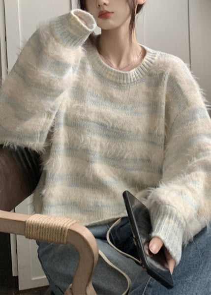 Light Blue Striped Cozy Mink Velvet Sweaters O Neck Spring YJ009 ABC