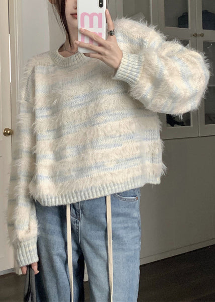 Light Blue Striped Cozy Mink Velvet Sweaters O Neck Spring YJ009 ABC