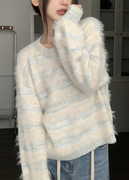 Light Blue Striped Cozy Mink Velvet Sweaters O Neck Spring YJ009 ABC