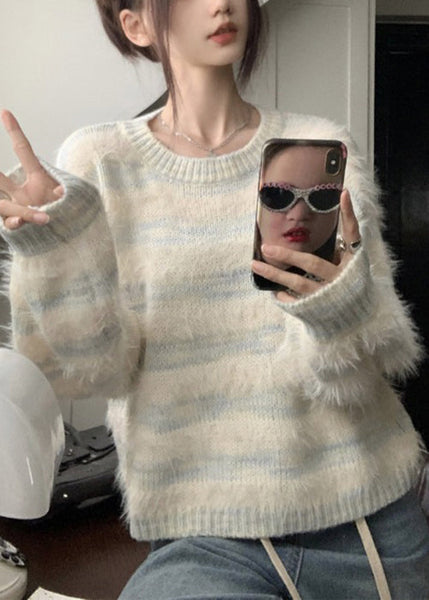 Light Blue Striped Cozy Mink Velvet Sweaters O Neck Spring YJ009 ABC