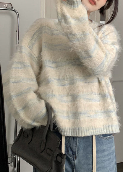 Light Blue Striped Cozy Mink Velvet Sweaters O Neck Spring YJ009 ABC