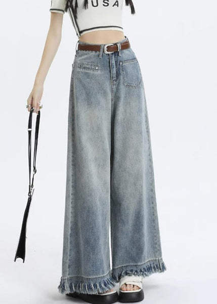 Light Blue Tasseled Pockets Wide Leg Pants Zippered PP016 OM-NZ240827