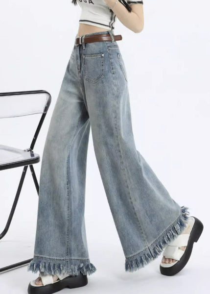 Light Blue Tasseled Pockets Wide Leg Pants Zippered PP016 OM-NZ240827