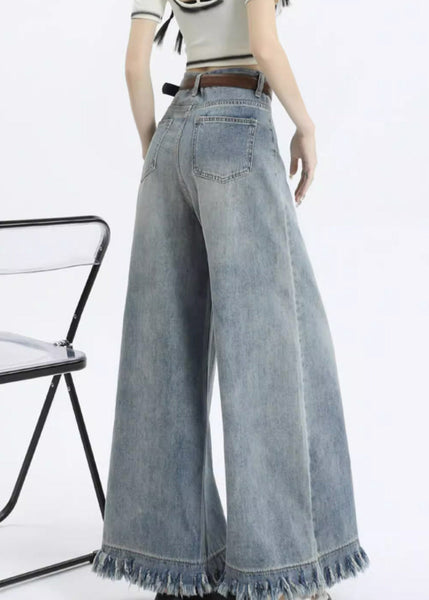 Light Blue Tasseled Pockets Wide Leg Pants Zippered PP016 OM-NZ240827