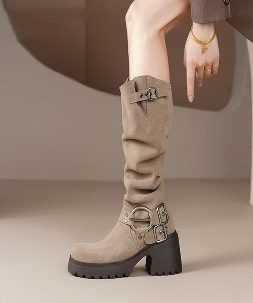 Splicing Camel Suede Chunky Light Boots Heel Buckle FashionChic