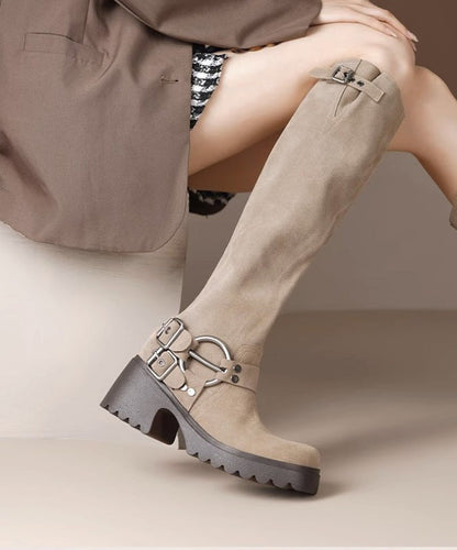 Splicing Camel Suede Chunky Light Boots Heel Buckle FashionChic