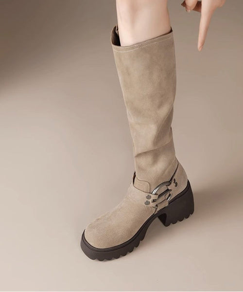 Splicing Camel Suede Chunky Light Boots Heel Buckle FashionChic