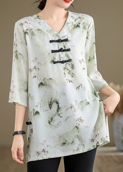 Light Green Side Open Cotton Shirts V Neck Summer JH070 MMDM-HTP240717