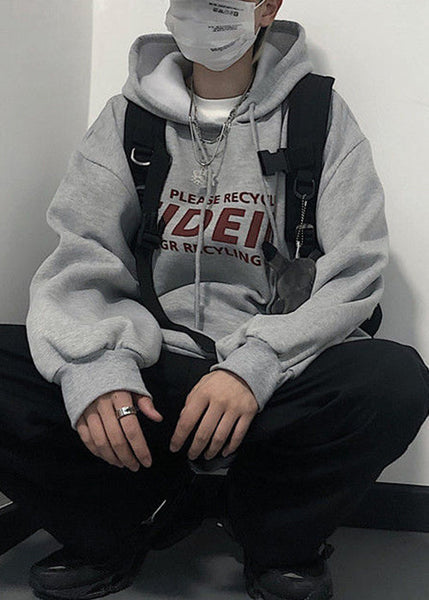 Light Grey Print Pockets Cotton Sweatshirt Men Hooded Spring YQ035 ABC