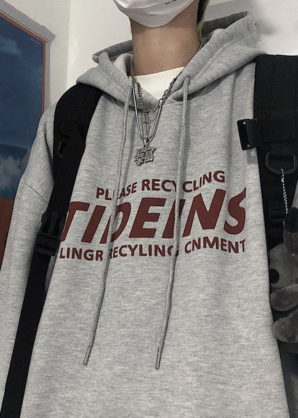 Light Grey Print Pockets Cotton Sweatshirt Men Hooded Spring YQ035 ABC