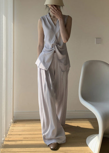 Lace V Cotton Two Solid Neck Set Purple Piece Up Light Summer FashionChic