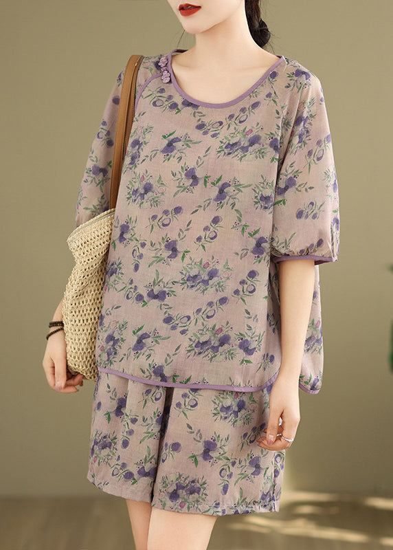 Shorts Set Light Print Purple Shirt Summer Pieces And Two FashionChic