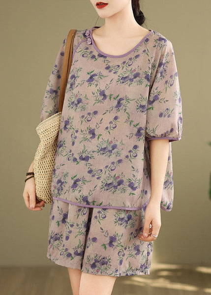 Shorts Set Light Print Purple Shirt Summer Pieces And Two FashionChic