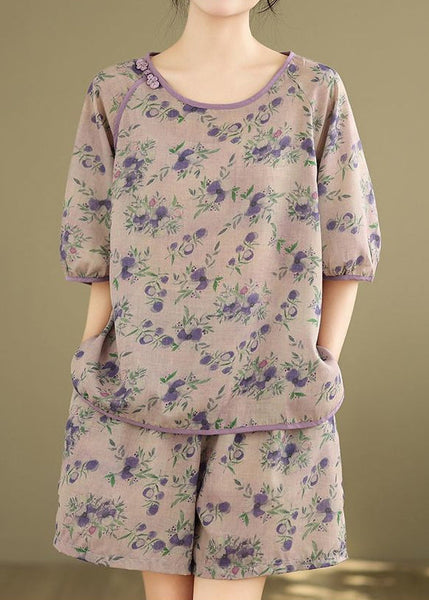 Shorts Set Light Print Purple Shirt Summer Pieces And Two FashionChic