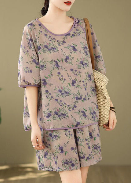 Shorts Set Light Print Purple Shirt Summer Pieces And Two FashionChic