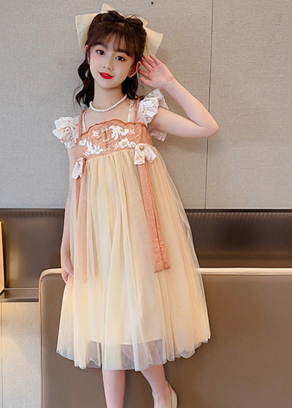 Light Yellow Square Collar Patchwork Tulle Girls Long Dresses Summer GF021 MM-RCTZ-SDL230724