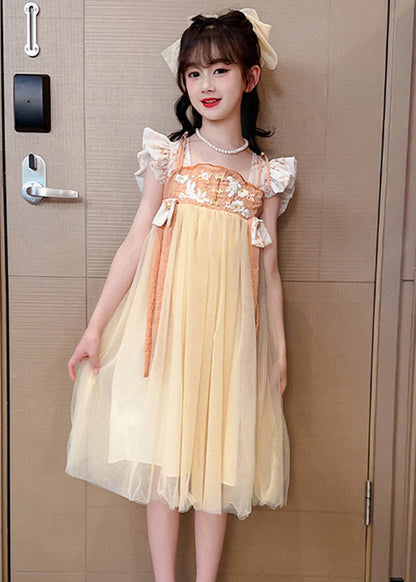 Light Yellow Square Collar Patchwork Tulle Girls Long Dresses Summer GF021 MM-RCTZ-SDL230724