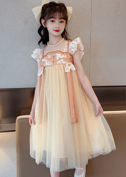 Light Yellow Square Collar Patchwork Tulle Girls Long Dresses Summer GF021 MM-RCTZ-SDL230724