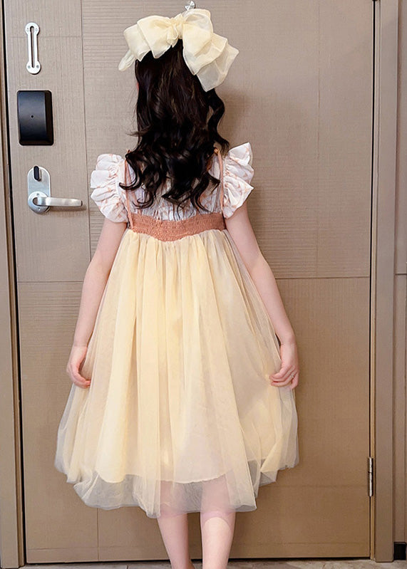 Light Yellow Square Collar Patchwork Tulle Girls Long Dresses Summer GF021 MM-RCTZ-SDL230724