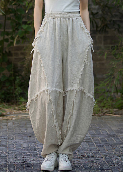 Linen Solid Pockets Linen Lantern Pants Elastic Waist QE041 MZF-LPTS240927