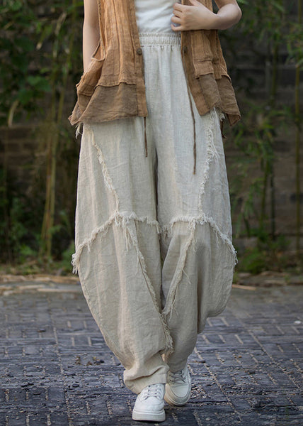 Linen Solid Pockets Linen Lantern Pants Elastic Waist QE041 MZF-LPTS240927
