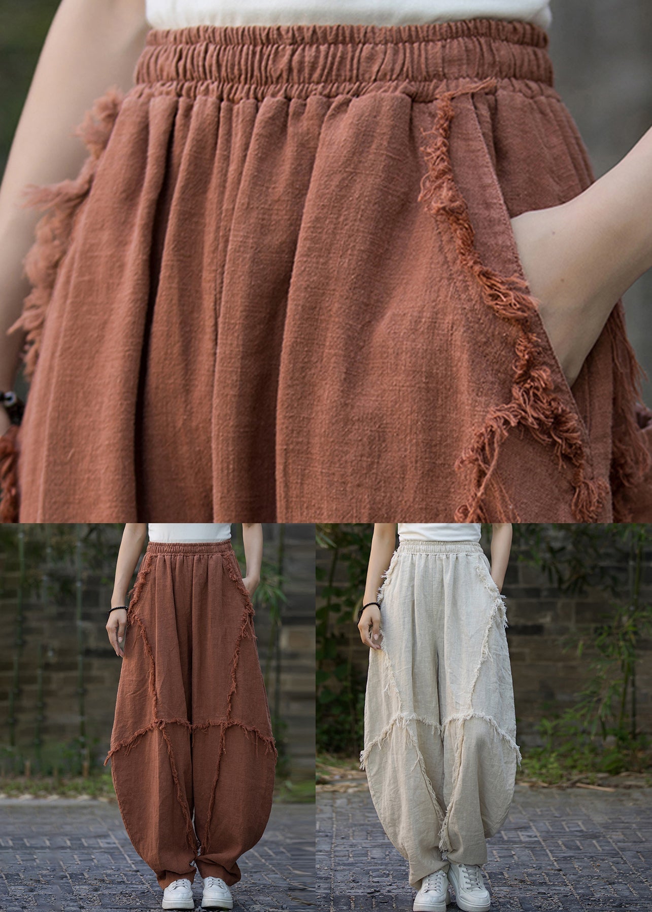Linen Solid Pockets Linen Lantern Pants Elastic Waist QE041 MZF-LPTS240927