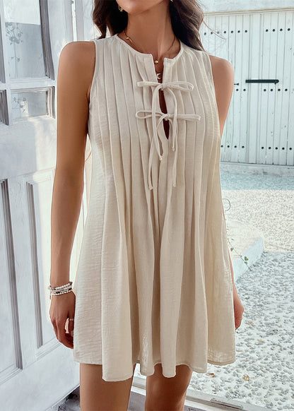 Loose Mid Dress Sleeveless Apricot Cotton Wrinkled Bow FashionChic