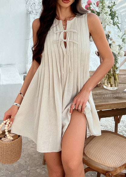 Cotton Dress Bow Wrinkled Mid Apricot Loose Sleeveless FashionChic