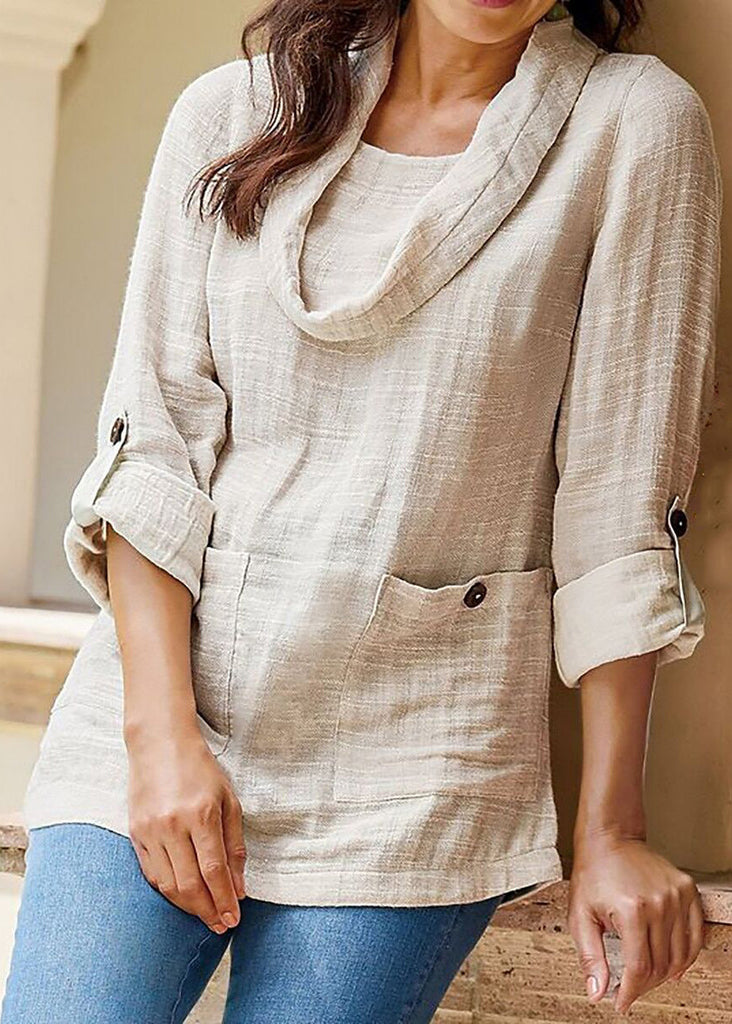 Loose Apricot Button Pockets Linen Shirt Long Sleeve FF055 MZF-LTP240607