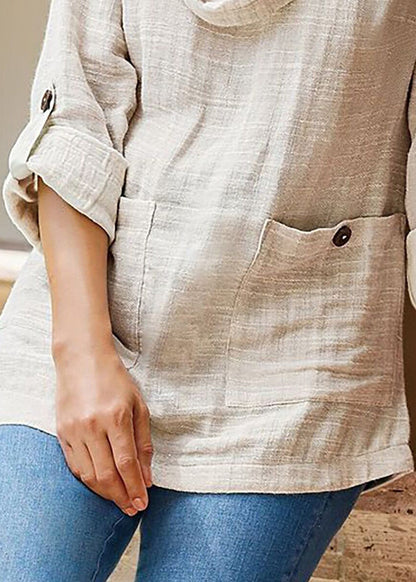 Loose Apricot Button Pockets Linen Shirt Long Sleeve FF055 MZF-LTP240607