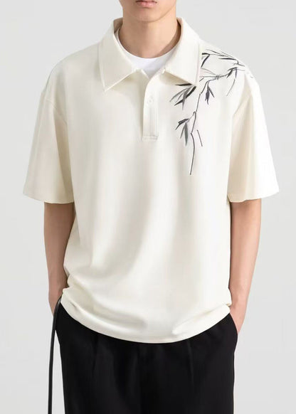 Loose Cotton Mens Apricot Shirt Polo Button Print Summer FashionChic